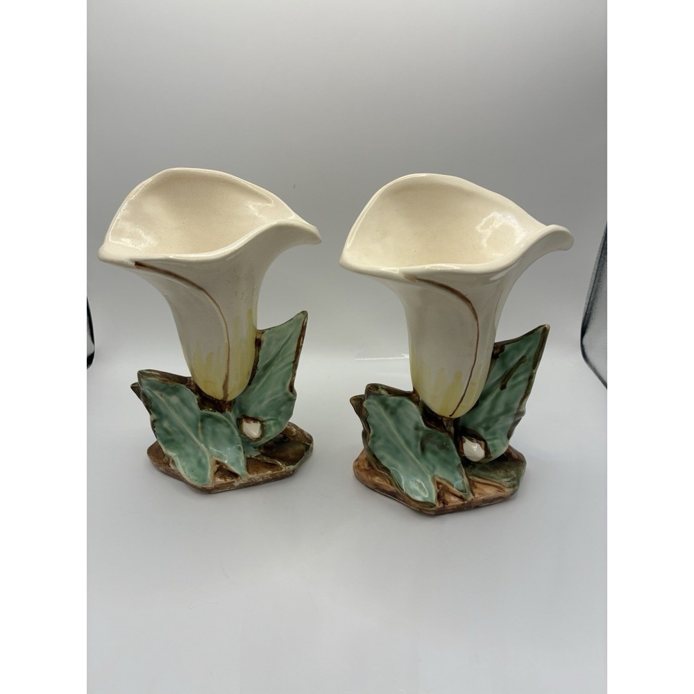 2 - 1940's McCoy USA Art Pottery Single White Calla Lily Green Leaf 8" Vase Set
